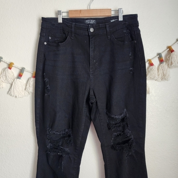 Judy Blue Black Boyfriend Fit High Waisted Distress Ripped Skinny Jeans Stretch - Picture 2 of 13